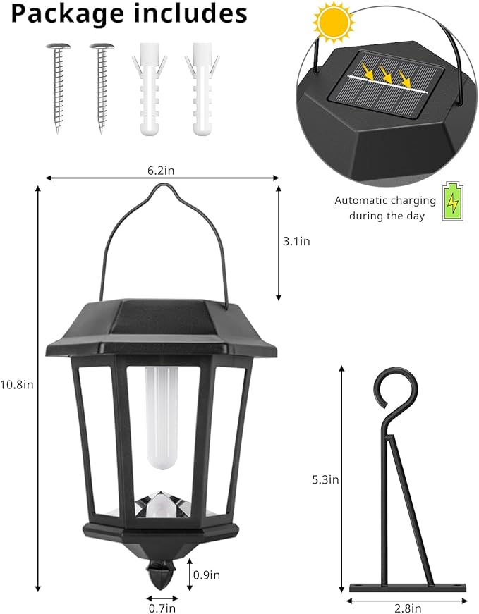 Solar Lanterns Outdoor Waterproof, Hanging Solar Lights with Glass Shade - 2 Pack LED Metal Wall Mount Outdoor Light for Yard/Garden/Patio - Flame-VerdiqueGarden