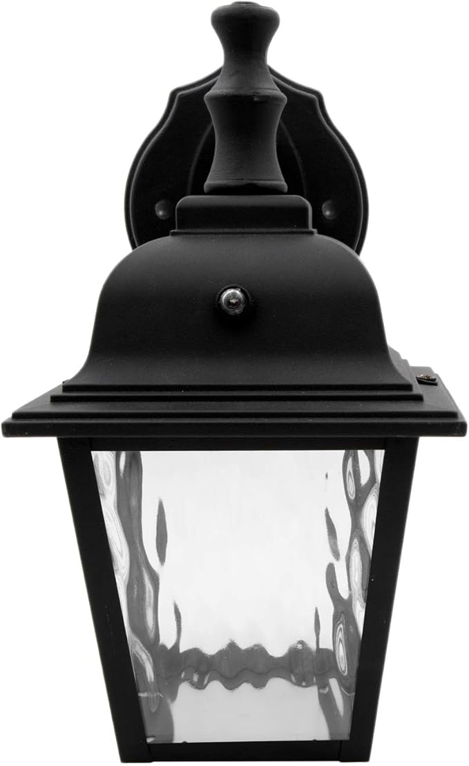 Maxxima LED Porch Lantern Outdoor Wall Light Fixture - Black, Clear Water Glass, Photocell Sensor, 875 Lumens, 3000K Warm White, Dusk to Dawn Light Sensor, Exterior Decorative Light-VerdiqueGarden