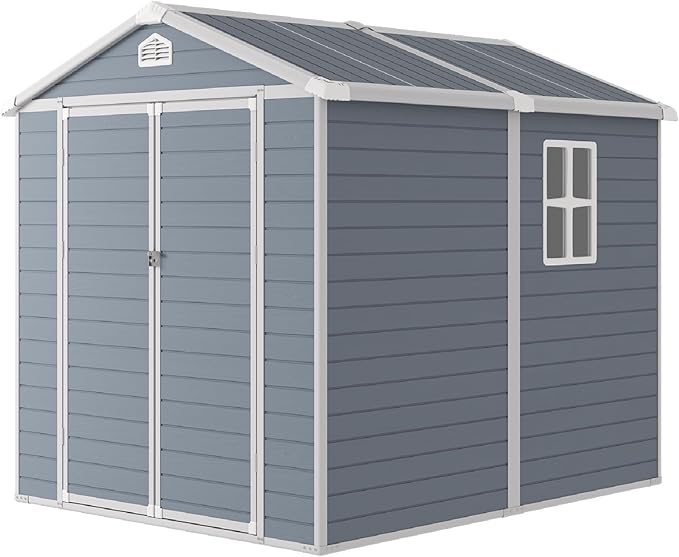 Storage Shed Plastic Outdoor Storage Shed Waterproof Container House with Lockable Door and Transparent Window for Garden, Lawn, Backyard, Patio (6x8FT)-VerdiqueGarden