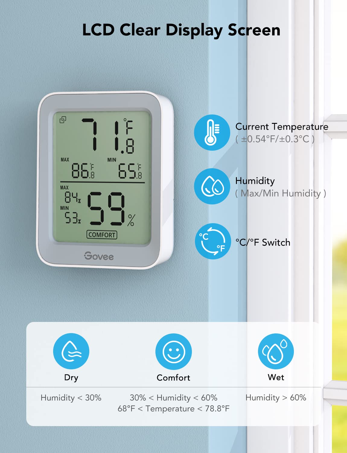 Govee Indoor Hygrometer Thermometer 3 Pack, Bluetooth Humidity Temperature Gauge with Large LCD Display, Notification Alert with Max Min Records, 2 Years Data Storage Export, Grey-VerdiqueGarden