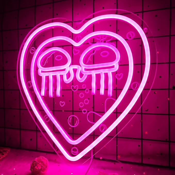 Jellyfish Neon Sign Ocean World Porthole Neon Lights Cartoon Sea World Led Neon Night Light Pink Heart Neon Sign for Wall Decor Bedroom Birthday Gifts for Kids USB Powered,Size13.5 * 12.5inch(JWD027)-VerdiqueGarden