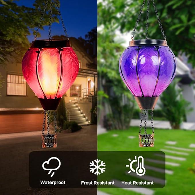 Starsoul Purple Hot Air Balloon Solar Lantern with Flickering Flame Light Glass Solar Powered Hot Air Balloon Lamp Waterproof Hanging Hot Air Balloon Led Lights-VerdiqueGarden