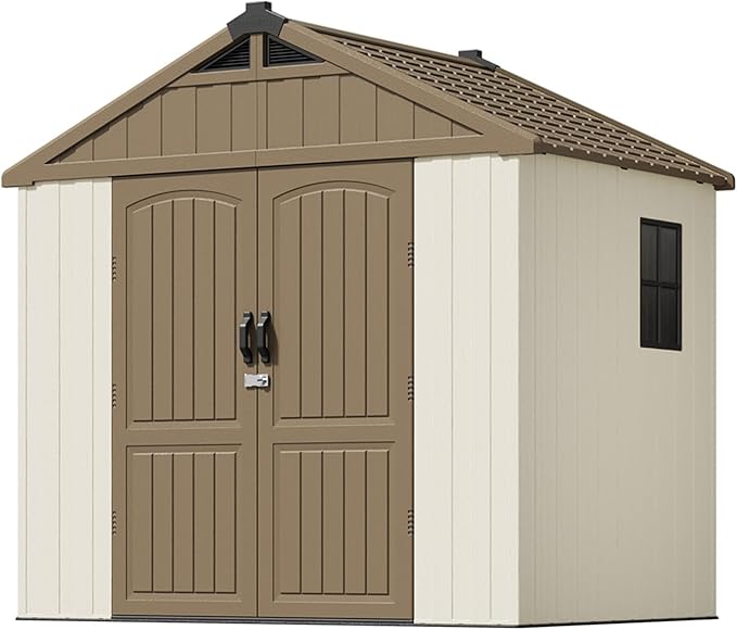 Patiowell 8 x 6 FT Plastic Outdoor Storage Shed with Floor, Resin Shed with Window and Lockable Door for Garden, Backyard, Tool Storage Use, Easy to Install in Brown (Kick-it Shed)-VerdiqueGarden