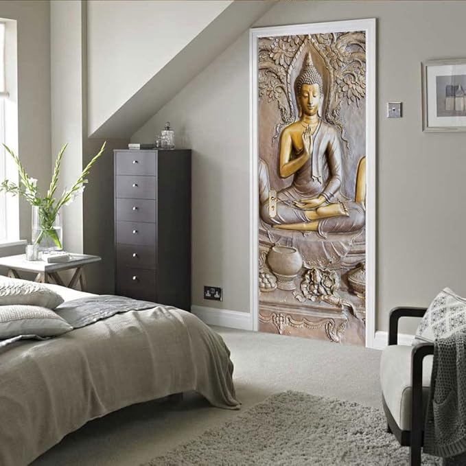 3D Door Stickers - Buddha Statue - Peel & Stick - Waterproof & Washable - Matt Finish - 31.5" x 78.7" - 2 Pieces-VerdiqueGarden