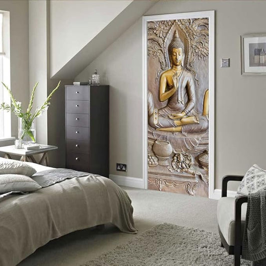 3D Door Stickers - Buddha Statue - Peel & Stick - Waterproof & Washable - Matt Finish - 31.5" x 78.7" - 2 Pieces-VerdiqueGarden