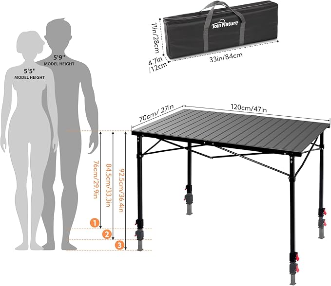Portable Outdoor Adjustable Height Camping Table, Large for 2-6 Person, Foldable Roll-up Aluminum Camp Table with Carry Bag for Picnic, Camp, Sturdy, Stable, Loads 220 Lbs (Black)-VerdiqueGarden