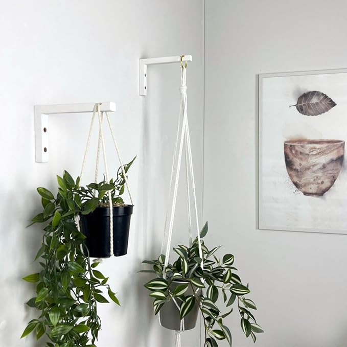2-Piece Set of Plant Hooks for Wall 6 Inch - L-Shaped Mounted Wooden Plant Hook - Indoor and Outdoor Bracket Plant Hanger for Planters, Lanterns, Bird Feeders and Plant Basket (White)-VerdiqueGarden