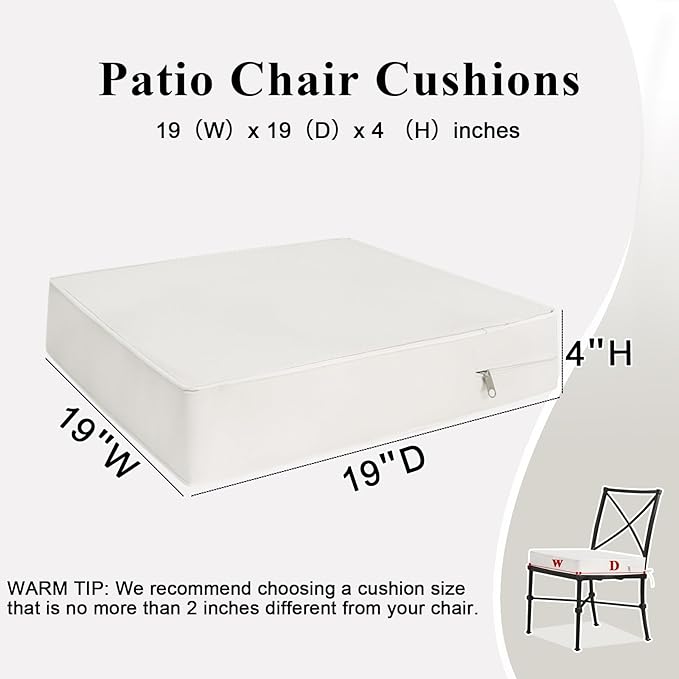 Outdoor Chair Cushions Set of 2 for Patio Furniture 19x19x4 Inch Waterproof Patio Chair Cushion 3 Year Color Fastness Square Elastic Foam Garden Sofa Couch Pads with Ties and Handle,Beige-VerdiqueGarden