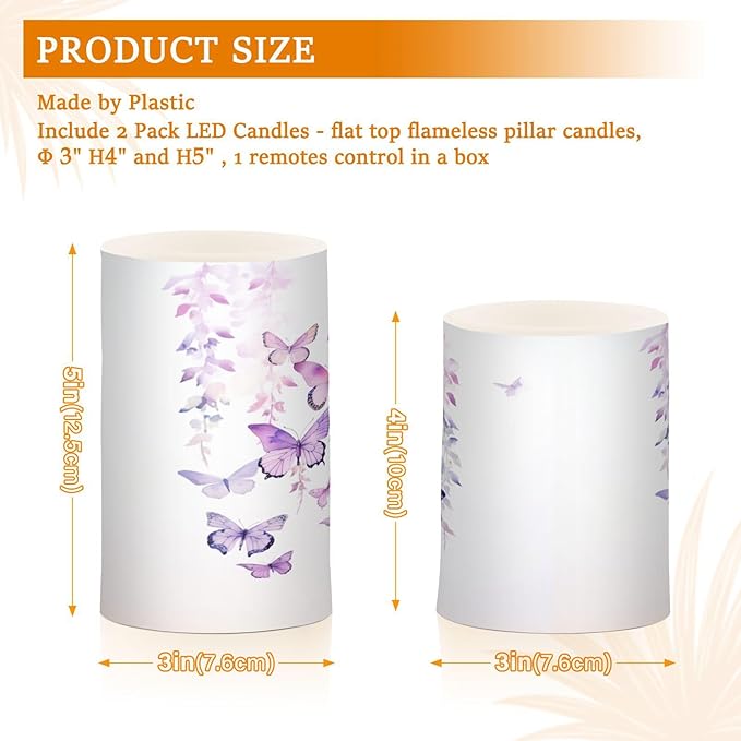 Flickering Flameless Candles, Butterflies Purple LED Candles with Remote Timer, Set of 2 Battery Operated Candle for Valentine Wedding Birthday-VerdiqueGarden