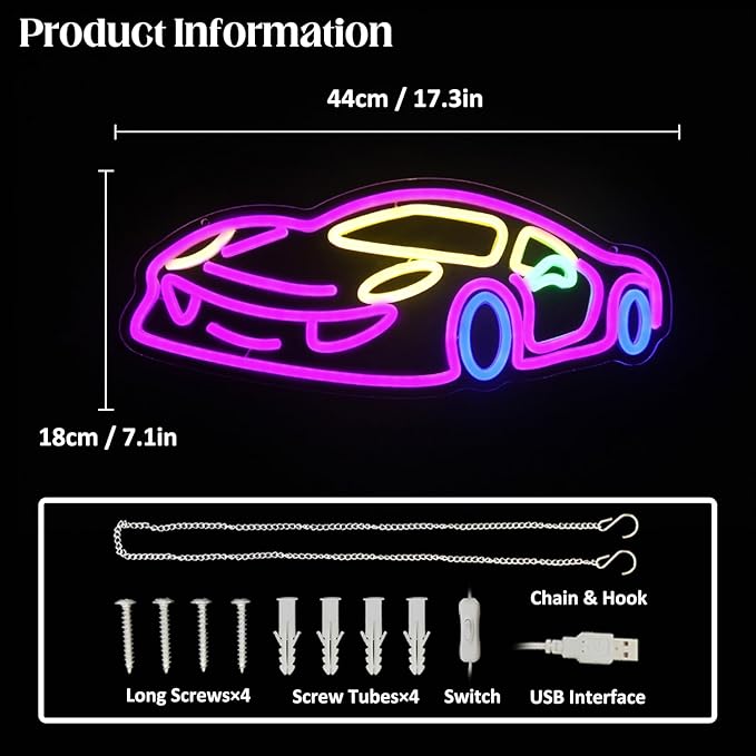Car Neon Sign for Wall Decor Sports Car Neon Light Racing Car Neon Sign Colorful Car LED Neon Lights Signs Race Car Neon Light Up Sign for Bedroom Game Room Man Cave Garage Boy Gifts-VerdiqueGarden