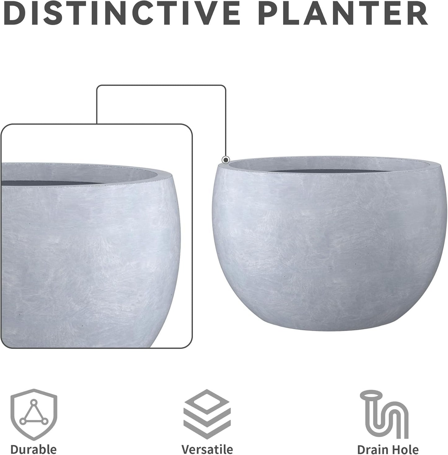 Kante 11.8" Dia Round Concrete Planter, Outdoor/Indoor Large Bowl Plant Pots with Drainage Hole and Rubber Plug for Garden Patio Balcony Home, Gray-VerdiqueGarden