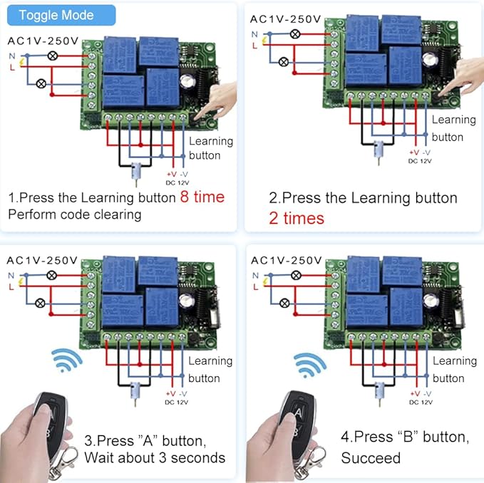 QIACHIP Universal 12V 4CH Wireless Relay Remote Module Switch RF 433Mhz with Remote Control Key Fob 2 Transmitters 1 Receiver for Light Garage Door Electric Gate,Momentary Toggle Latched(KR1204)-VerdiqueGarden