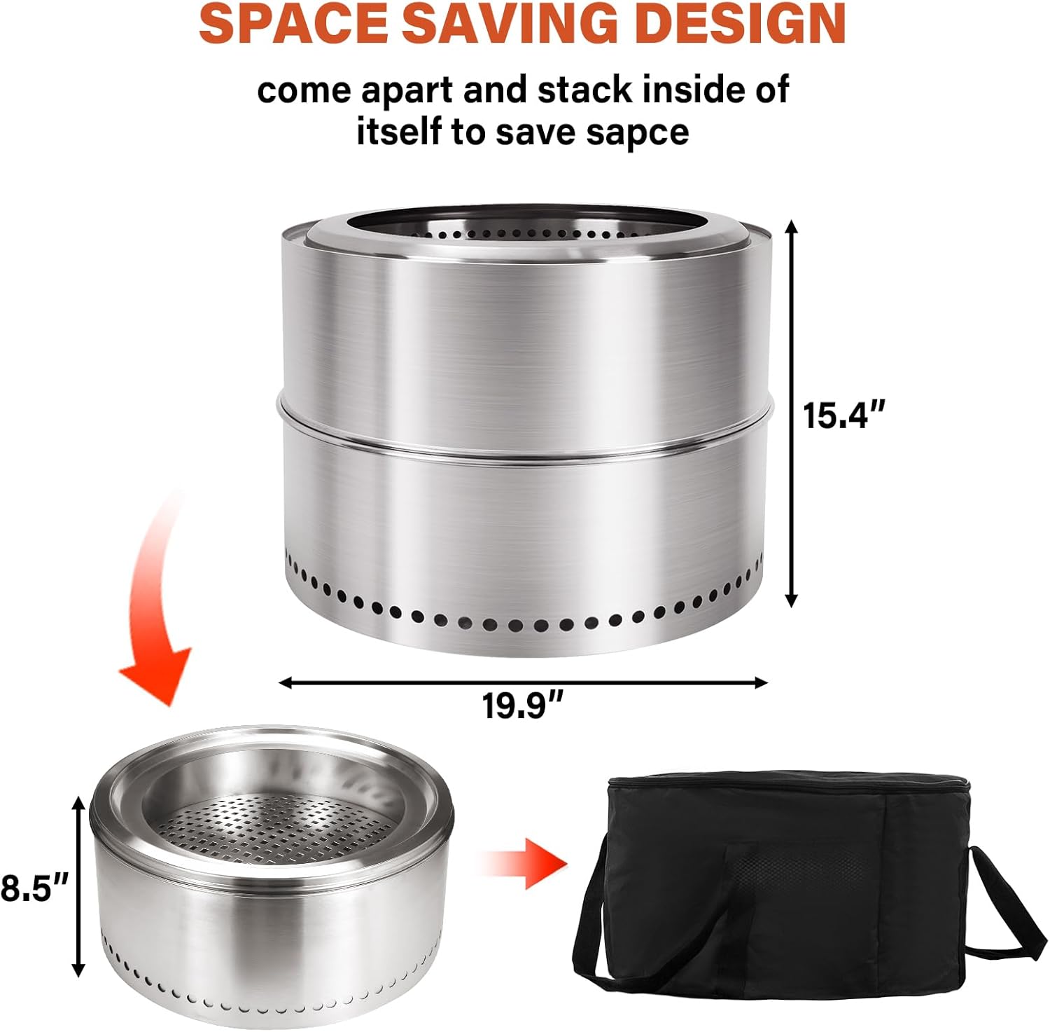 HGD 20 inch Smokeless Firepit Outdoor, Portable Smokeless Fire Pit for Camping with Travel Bag, Stainless Steel Wood Burning Stove for Backyard & Patio, Easy Setup & Compact Storage-VerdiqueGarden