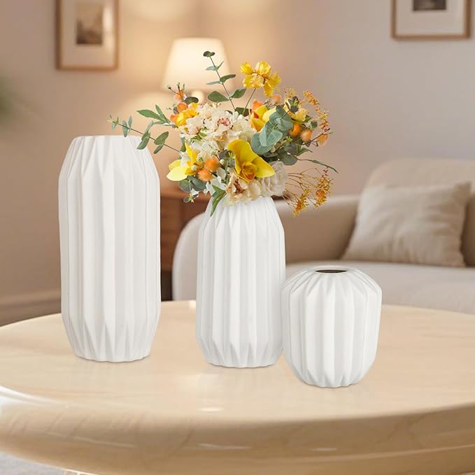 Ceramic Vase Set of 3, White Vase for Modern Home Decor, Decorative Vases for Bouquet Pampas Grass Dried Flowers, Living Room, Bedroom, Bathroom, Shelf Centerpiece Table Decorations-VerdiqueGarden