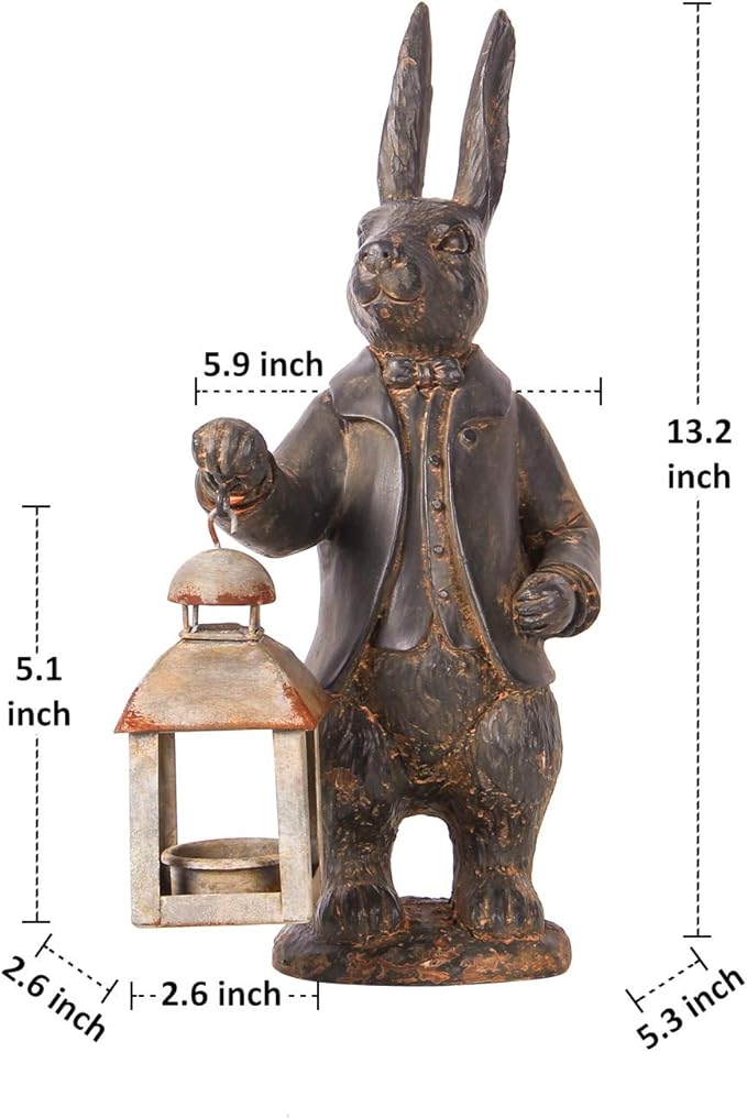 NIKKY HOME Easter Bunny Decorations, Vintage Resin Bunny Figurine with Lantern, Metal Rabbit Tealight Candle Lantern Holder Rabbit Outdoor Statues Gift for Garden Home-VerdiqueGarden