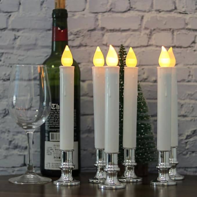 DRomance 9" Flameless Window Taper Candles Battery Operated with 8-Key Remote and Timer, 4 Pack White Christmas Holdiay Window Candles with Silver Holders, Suction Cups and AA Batteries Included-VerdiqueGarden