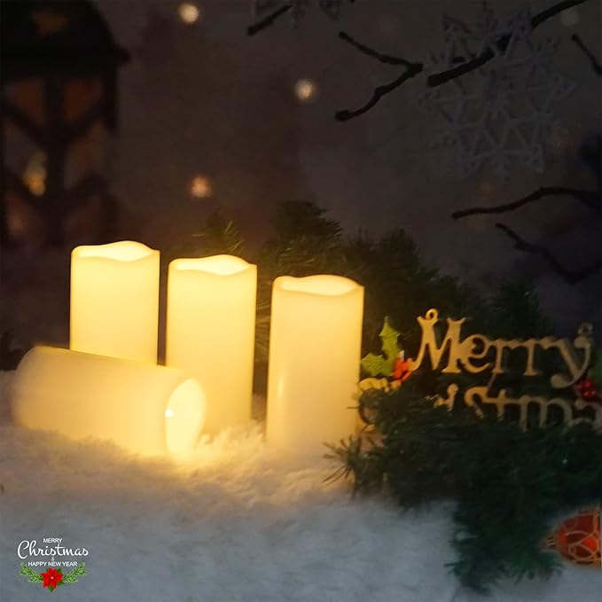 4 Pack Outdoor Battery Operated Candles with Timer Waterproof Led Flickering Candles Flameless Pillar Lights for Party/Lantern/Patio/Wedding/Garden,Cream White,3x6 Inch-VerdiqueGarden