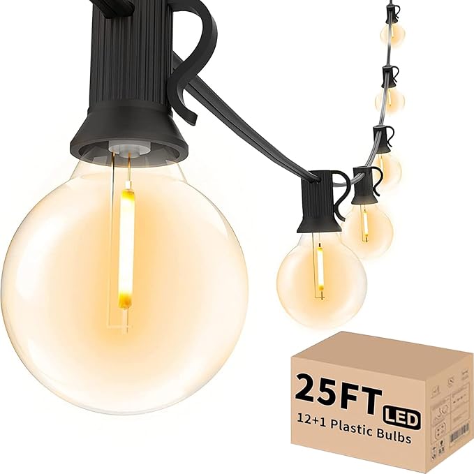 Svater Outdoor String Lights LED 25 FT, Patio Globe Lights with 13 Plastic G40 Bulbs, Waterproof Dimmable Outside Hanging Light for Backyard Bistro Cafe Porch Party Decor, 2700K Warm White-VerdiqueGarden