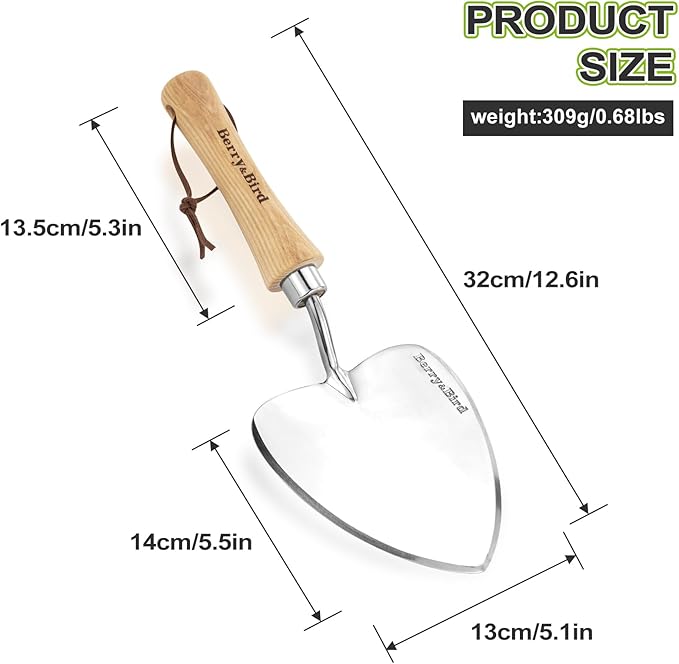Berry&Bird Perennial Trowel, Oversized Garden Potting Trowel with Sharp Blade Wood Hand Shovel, Stainless Steel Planting Trowel Gardening Tool for Roots,Planting,Digging,Transplanting and Cutting-VerdiqueGarden