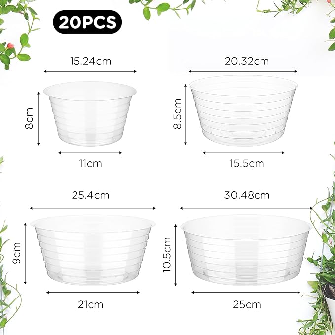 Hoolerry Plastic Plant Saucer Clear Deep Drip Tray Thickened Clear Plant Saucers Trays for Pots Deep Drip Trays for Home Garden Indoor and Outdoor Potted(20 Pcs,6, 8, 10, 12 Inch)-VerdiqueGarden