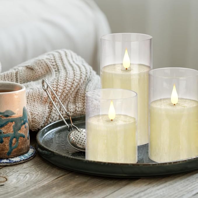 Flameless Flickering Remote Control Candle, Glass Pillar Candle,3 Pack (D:3"×H:4" 5" 6") LED 3D Flame Romantic Candle,Battery Operated Real Wax, Ideal for Wedding, Home Decor Holiday (Ivory)-VerdiqueGarden