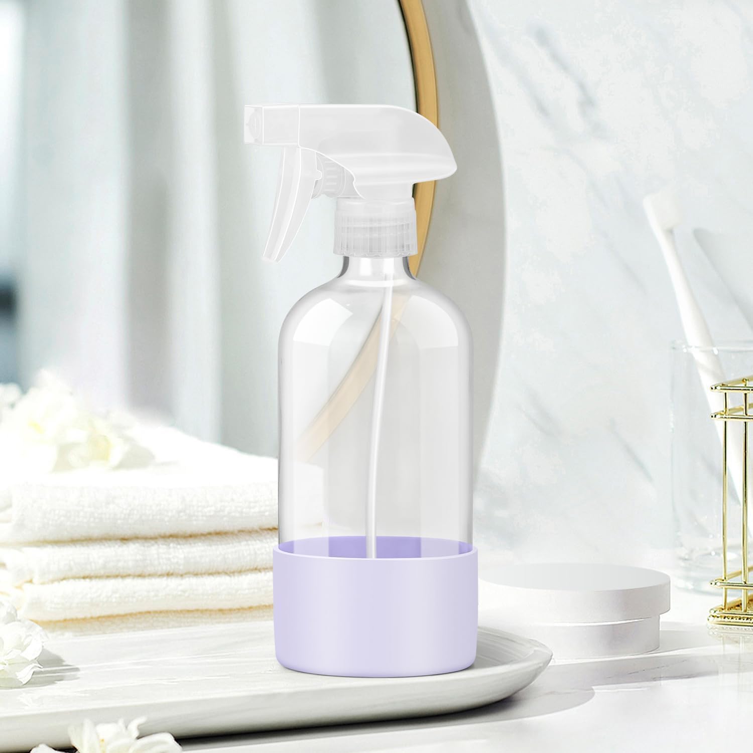 Glass Spray Bottles with Silicone Sleeve Protection, Empty 16 oz Refillable Containers, Reusable Spray Bottles with Adjustable Nozzle for Hair, Cleaning Solutions, 3 Pack Grey&Blue&Purple-VerdiqueGarden