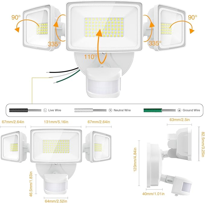 Onforu 3 Pack 65W LED Motion Sensor Outdoor Lights, Security Light Motion Outdoor Flood Light Fixture Detection Detector, 3 Adjustable Heads 6500LM 6500K IP65 Waterproof Exterior Garage Yard (White)-VerdiqueGarden
