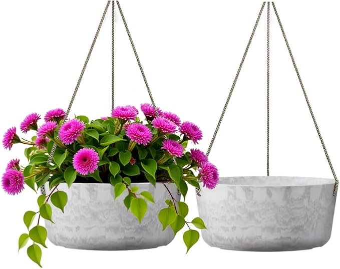 10.7 Inch Hanging Planter for Outdoor Indoor Plants，2 Pack Hanging Flower Pots with Drain Holes for Garden Home Decor Use (Marble)-VerdiqueGarden
