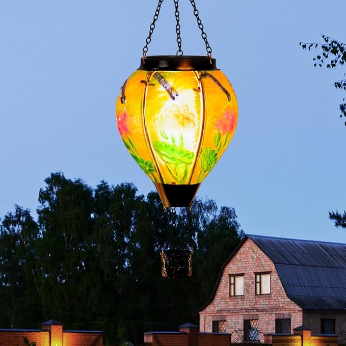 Starsoul Starsoul Dragonfly Hot Air Balloon Solar Lantern Glass Outdoor Hanging Hot Air Balloon Solar Flickering Flame Light Waterproof Garden Patio Yard Party Decorations-VerdiqueGarden