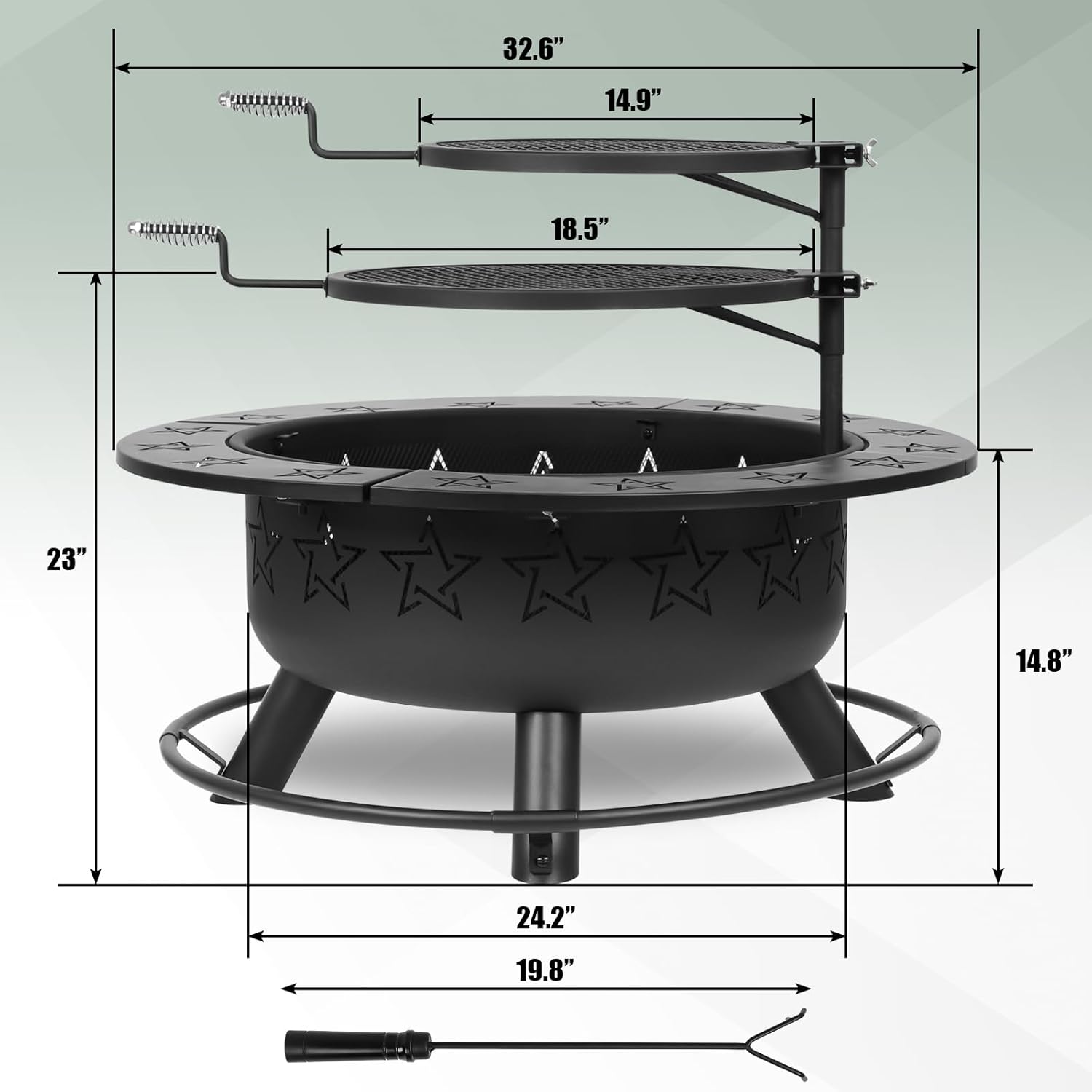 32.5" 3-in-1 Fire Pit Table with Dual Grills – Wood Burning Firepit for Outside Cooking, BBQ Grate & Round Patio Table – Includes Charcoal Pan, Log Rack,Poker & Lid for Backyard, Garden-VerdiqueGarden