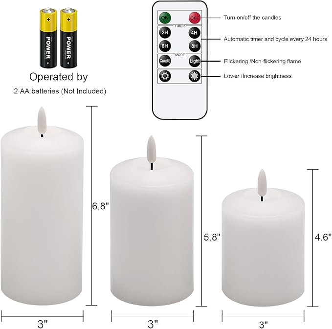 Battery Operated Flameless Candles with 3D Flickering Flame Wick, LED Pillar Candles with Remote Timer, Pack of 3 Real Wax Candles for Wedding Home Decor(White)-VerdiqueGarden