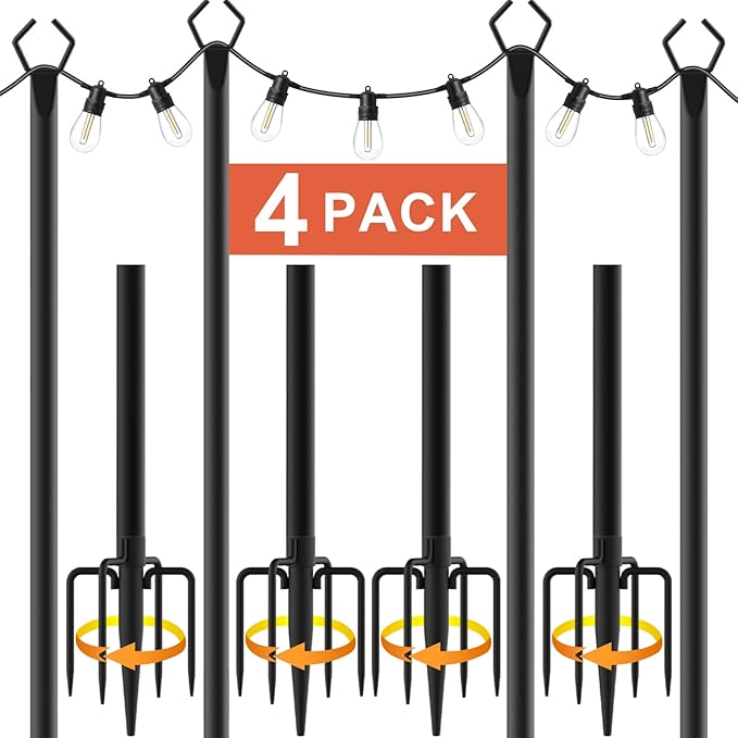 10Ft String Light Poles 4 Pack,Light Poles for Outside Lights,Outdoor with Fence Brackets Hanging Lights,Metal Stand Deck Patio Backyard-VerdiqueGarden