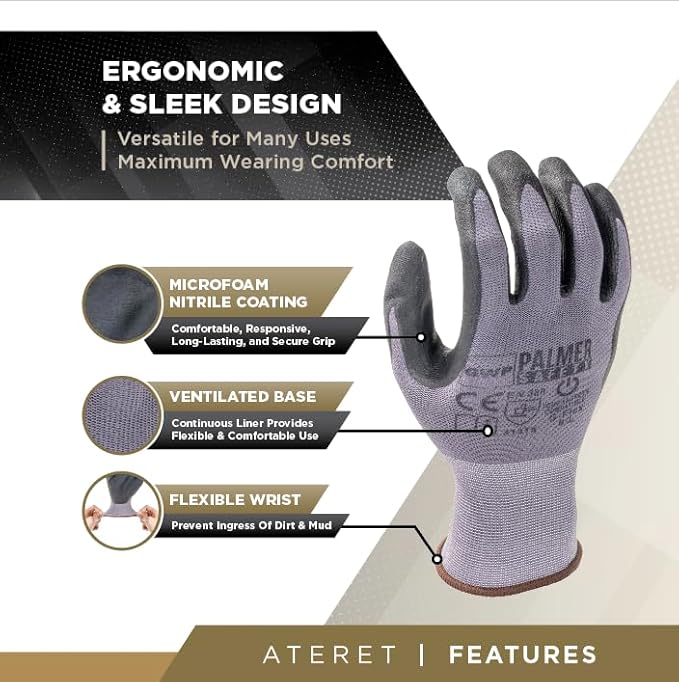ATERET Work Gloves 12 Pairs Micro-Foam Nitrile Coated Safety Gloves, Seamless Knit Nylon Gloves Home Improvement General Use-VerdiqueGarden