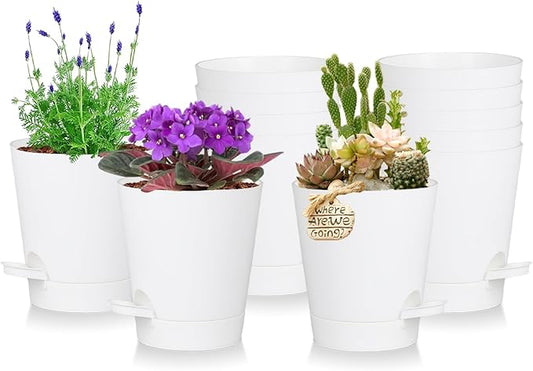 12 Pack 4 Inch Self Watering Plant Pots with Drainage and Saucers，Plastic Flower Pots for Indoor and Outdoor Plants, Nursery Planters for Houseplants and Herbs White, 4 inch 12pcs-VerdiqueGarden