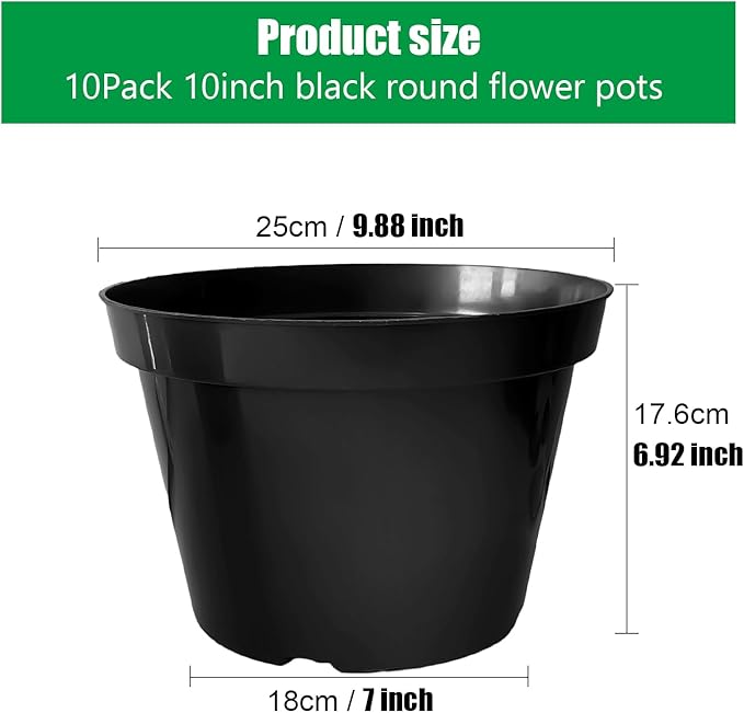 10 Inch Plastic Nursery Pots for Plants 10 Pack Plant Pots with Drainage Holes 2 Gallon Nursery Pots Perfect for Indoor Outdoor Plants Such as Herbs, Strwaberrys and Flowers, Black-VerdiqueGarden