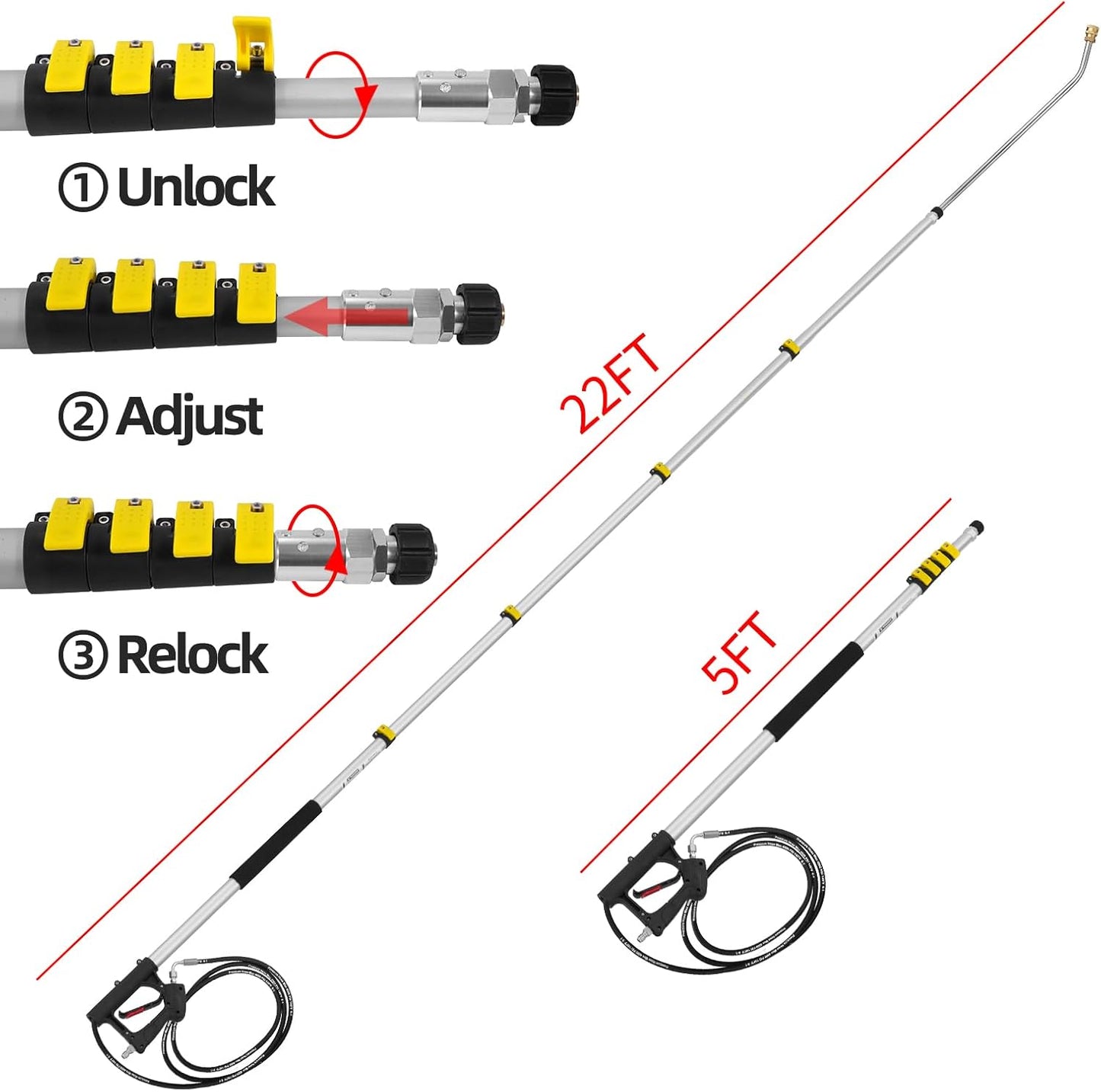 22 FT Telescoping Pressure Washer Wand with Power Washer Extension Wand, Gutter Cleaner Attachment, 5 Spray Nozzle Tips and 2 Hose Inlet Adapters-VerdiqueGarden