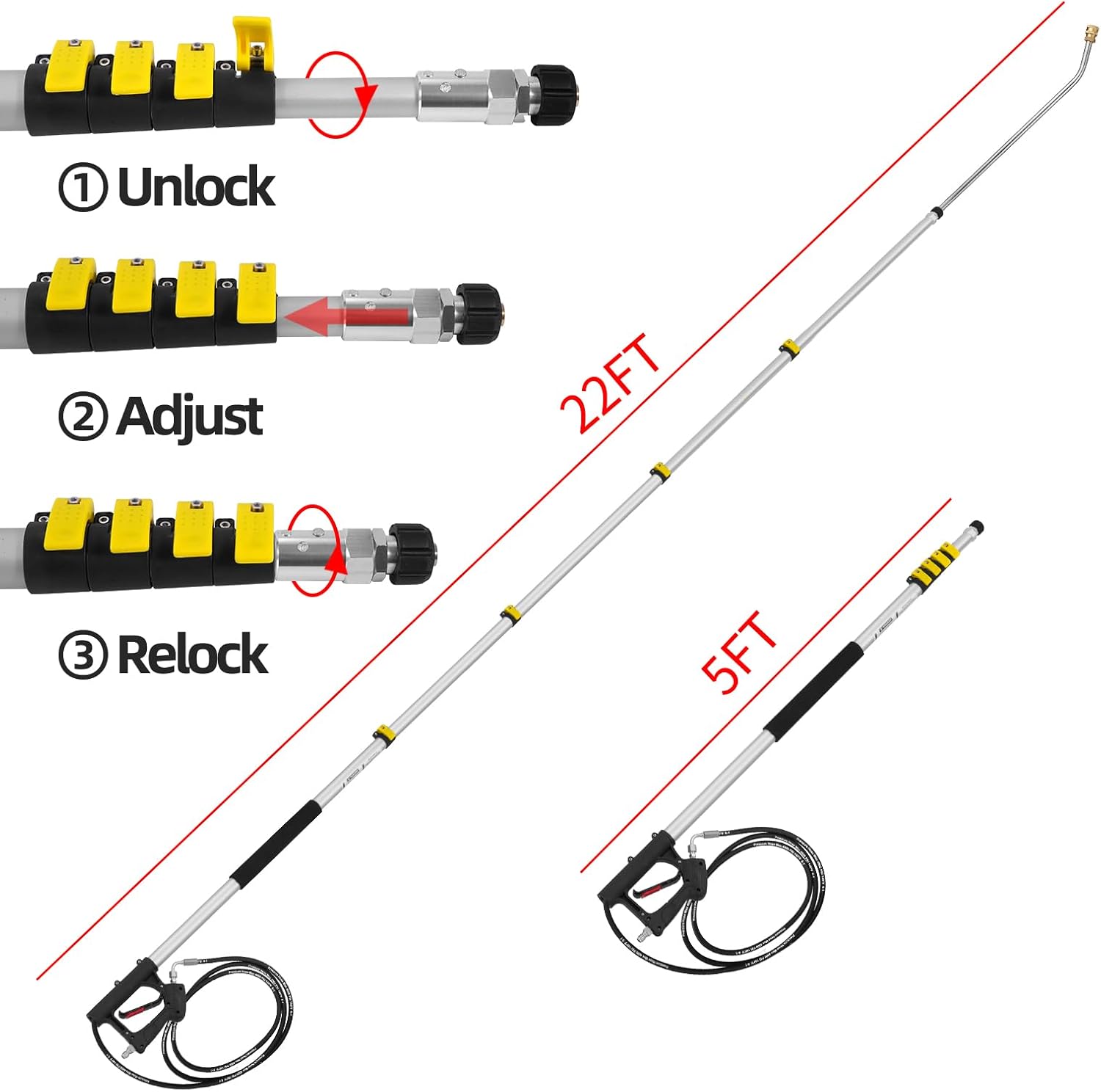22 FT Telescoping Pressure Washer Wand with Power Washer Extension Wand, Gutter Cleaner Attachment, 5 Spray Nozzle Tips and 2 Hose Inlet Adapters-VerdiqueGarden