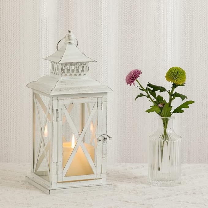 DECORKEY Lantern Decorative Indoor & Outdoor, Large Square Hanging Spring Home Decor, Vintage Metal Decorative Candle Lanterns for Outdoor Patio Wedding Party White with Black Brush-VerdiqueGarden