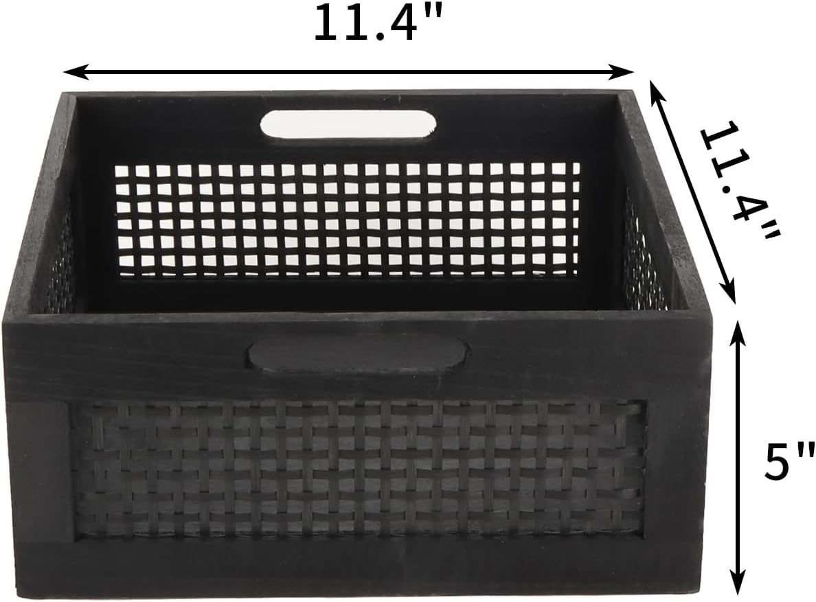 YRMT Wood Storage Crate Basket Rustic Wooden Storage Container for Organizing Decorative Bamboo Box with Handles for Pantry, Shelves Organizer 11.4" x 11.4" x 5" (Black)-VerdiqueGarden