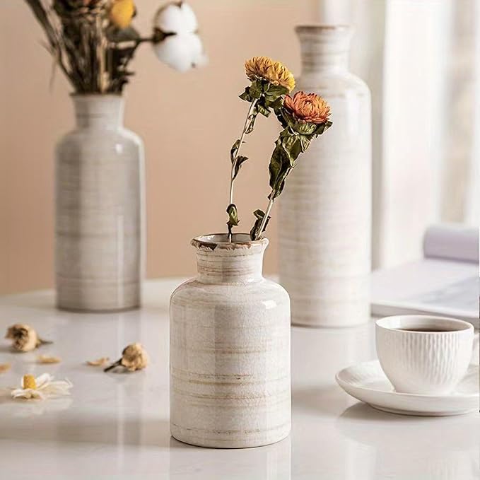 Ceramic Vase Set of 3,Modern Small Vase for Flowers,Rustic Vintage Ceramic Flower Vases for Home Decor,Decorative Vases for Table Centerpiece,Bookshelf,Fireplace and Entryway-VerdiqueGarden