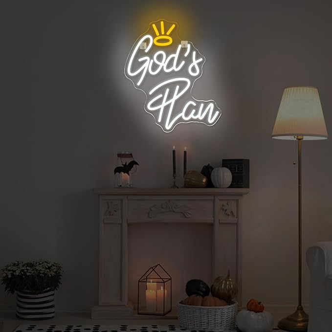 WLHOPE God's Plan Neon Sign White Led Neon Signs for Wall Decor, God Neon Signs USB Powered Letter Neon Light Signs for Bedroom Living Room Home Bar Wedding Party Decoration-VerdiqueGarden