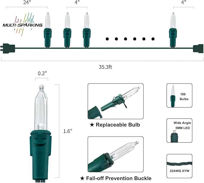 MULTI-SPARKING White Christmas LED Lights - 100 Count Warm White Holiday String Lights for Tree, Party, Wedding, Indoor and Outdoor Use, 33 Feet Green Wire, UL Certified, Connectable-VerdiqueGarden