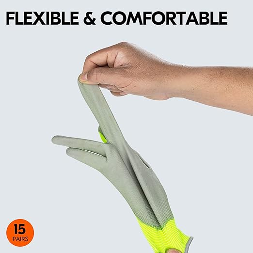 Vgo... 15-Pairs Safety Work Gloves, Gardening Gloves, Polyurethane Coated, Dipping Gloves, Latex Free (Size L, Yellow, PU2103)-VerdiqueGarden
