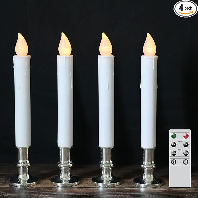DRomance 9" Flameless Window Taper Candles Battery Operated with 8-Key Remote and Timer, 4 Pack White Christmas Holdiay Window Candles with Silver Holders, Suction Cups and AA Batteries Included-VerdiqueGarden