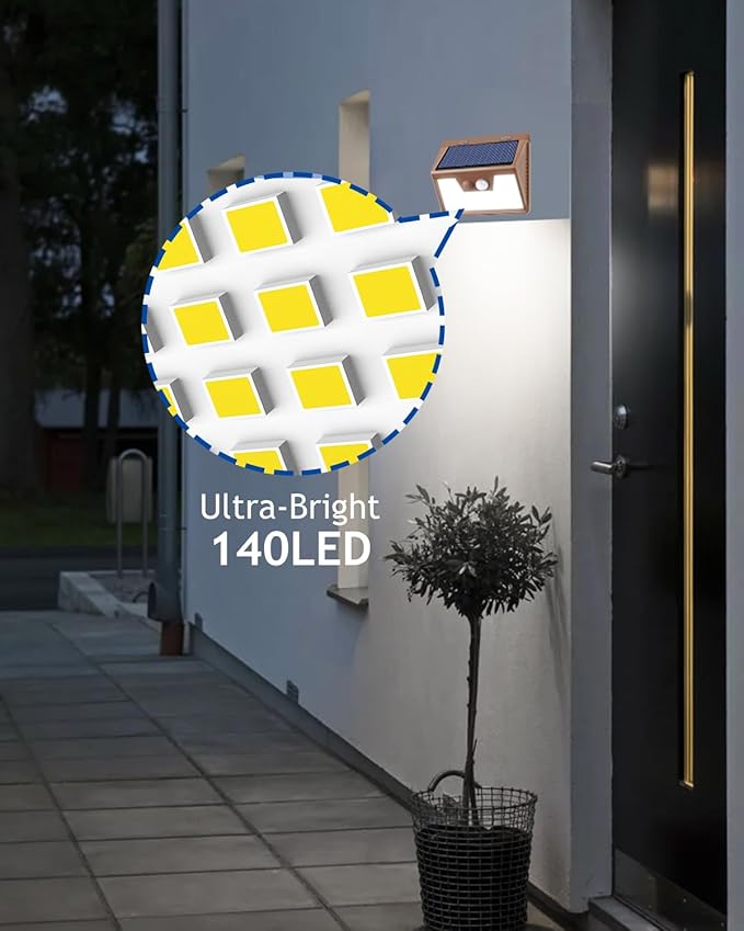 Peasur Brown Solar Lights Outdoor Waterproof, 6Pack 140LED Solar Powered Motion Sensor Lights, 3 Modes Solar Security Wall Lights for Fence Garden Yard Outside Cool White-VerdiqueGarden