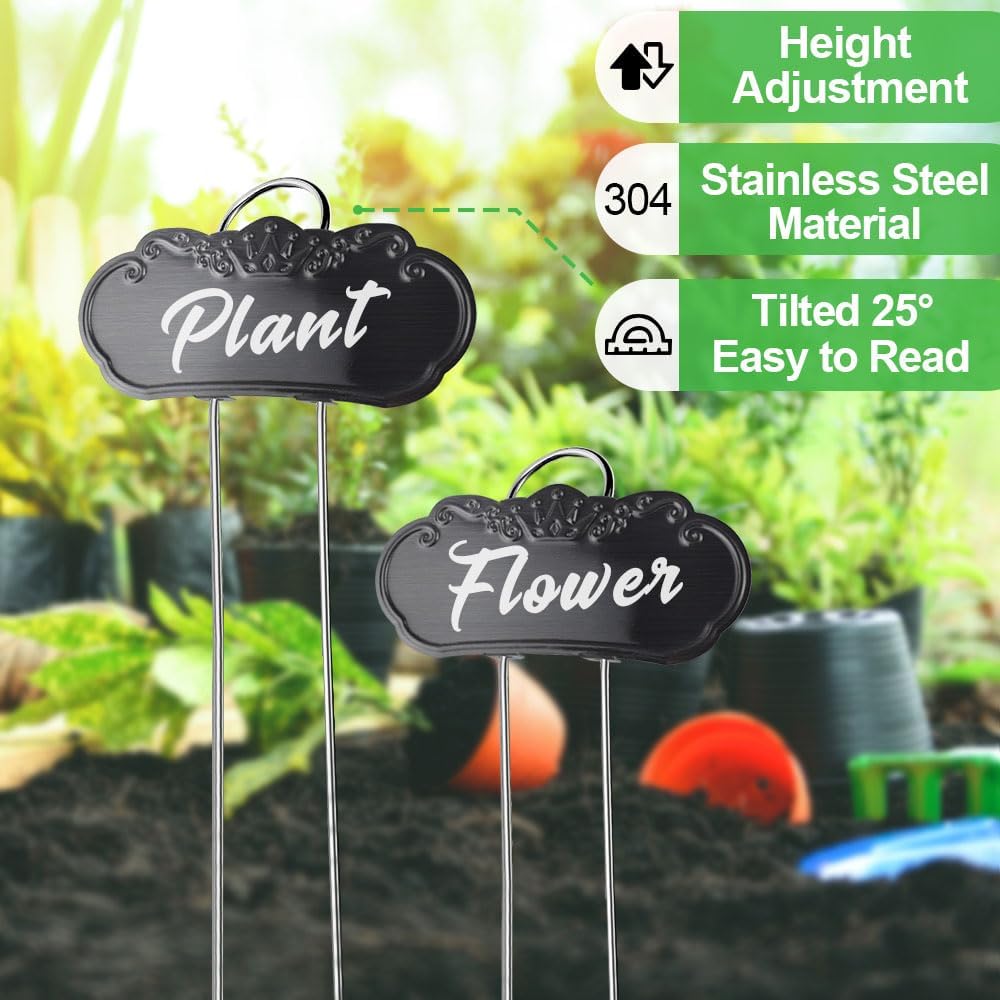 30 PacksTCYPUHL Metal Plant Labels, Tall Outdoor Garden Markers for Flowers, Fruits and Vegetables, 304 Stainless Steel Weatherproof Signs (4" x 1.9", Silver, Black and Gold)-VerdiqueGarden