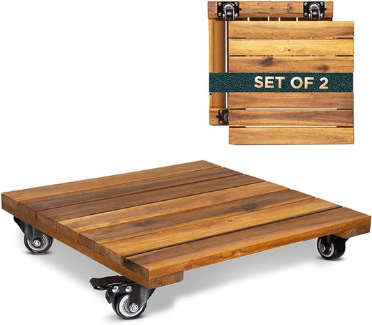 Idzo 2-Pack 14 Inch Wood Plant Caddy with Wheels Heavy Duty, 264 lbs Acacia Hardwood Plant Caster Dolly Rolling Stand with 360° Lockable Wheels for Heavy Plant Pots and Outdoor Use-VerdiqueGarden