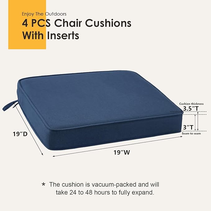 Outdoor Sunbrella Square Corner Seat Cushion, 19"x19"x3", Set of 4, Non Slip Seat Cushion Pads with Removable Cover for Patio Furniture, Garden Yard Lawn, Specrtum Indigo-VerdiqueGarden