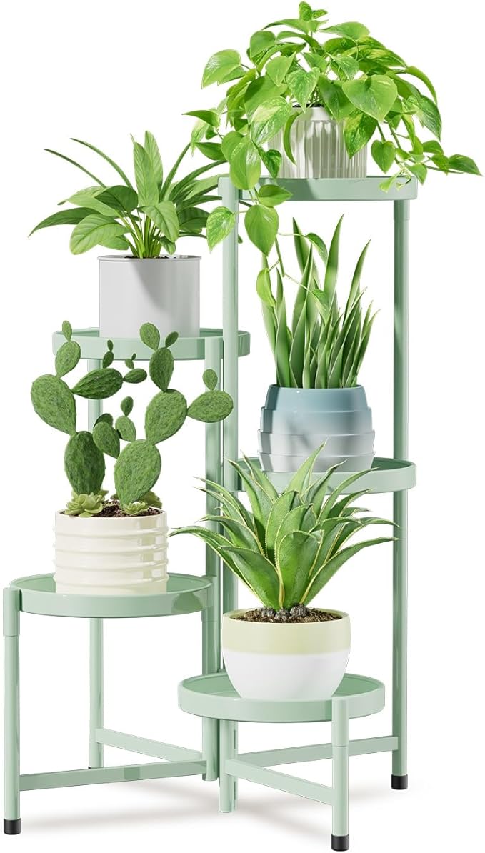 iDavosic.ly 5 Tier Large Plant Stand Indoor, 10 Inch Wide Corner Tall Metal Plant Stands Outdoor for Multiple Plants, Folding Tiered Flower Display Holder Rack Shelf, Light Green-VerdiqueGarden