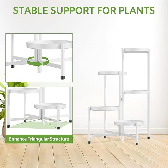 iDavosic.ly 5 Tier Large Plant Stand Indoor with 10 Inch Wide Tray, Tiered Corner Metal Outdoor Flower Display Holder Shelf, Folding Tall Rack for Patio Porch Living Room, White-VerdiqueGarden